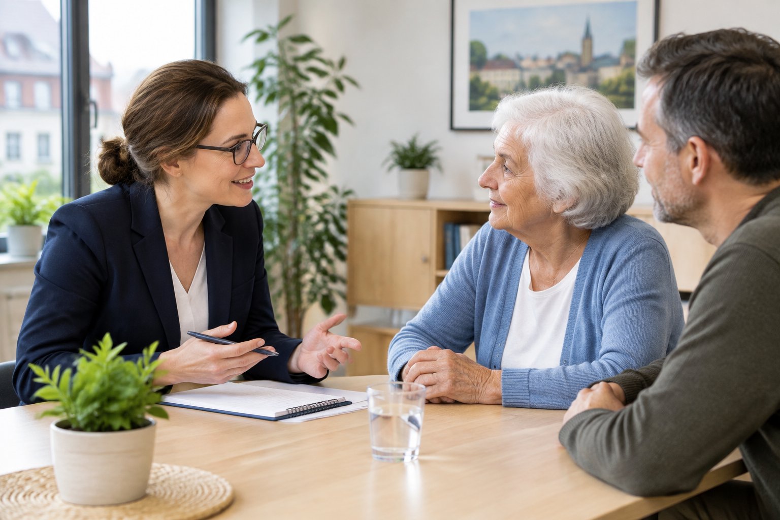 Eine Pflegeberaterin spricht mit einer älteren Person und deren Angehöriger.