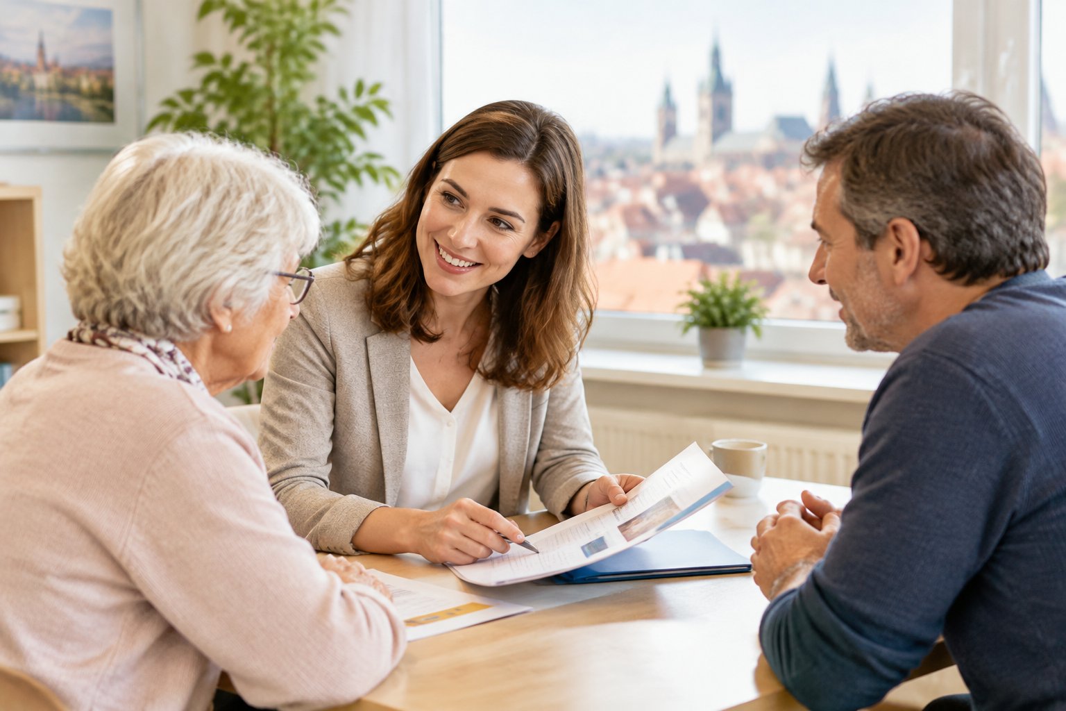Eine Pflegeberaterin bespricht mit einer älteren Person und deren Angehörigem Unterlagen.