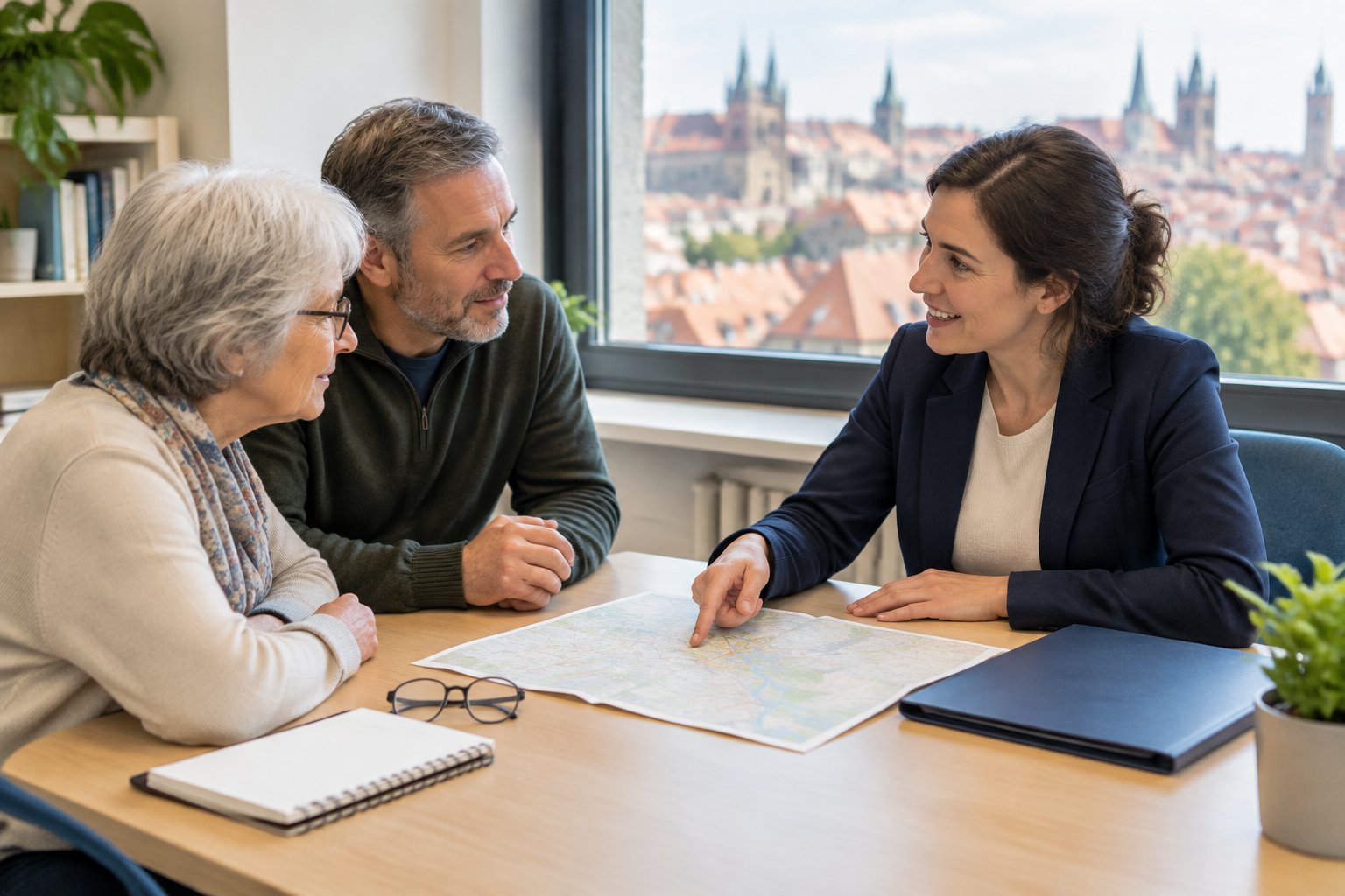 Eine Pflegeberaterin spricht mit einer älteren Person und einem Angehörigen in einem Beratungsraum.